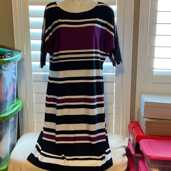 Karin Stevens Black and Purple Striped Midi Dress - Picture 1 of 7